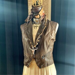 Free People Brown Leather Vest with Chain Detailing